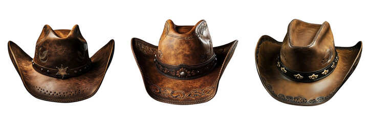 Set of Detailed brown cowboy hat with worn texture on a black background, digitally clipped on pure on transparent png background. Ai generated