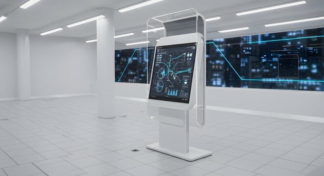 Modern Digital Kiosk Interface in Futuristic Space - Information Display