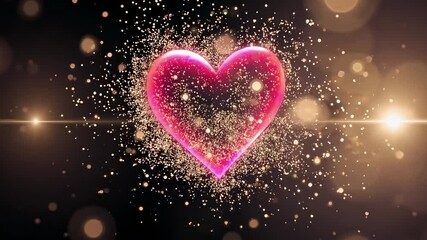 Glowing pink heart surrounded by sparkling gold particles and light flares on dark background, romantic animation for Valentine’s Day, love celebrations, and emotional messages - Powered by Adobe
