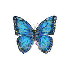 Bright blue Morpho butterfly with open wings. Realistic digital illustration on transparent background. Ideal for design, print, or collage use