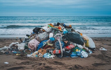 Obraz premium Garbage and plastics on the beach, Trash on the beach, Beach pollution