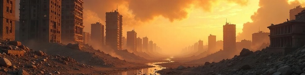Fototapeta premium Apocalyptic cityscape ravaged by a cataclysmic event; shattered buildings, dust-filled sky, remnants of civilization lost to ruin and decay , dystopian, crumbling, dramatic