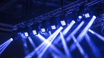 Stage lighting with spotlights being installed on aluminum concert stage