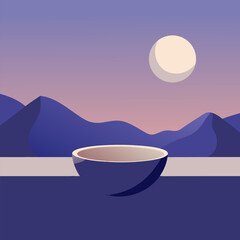 Serene Zen Desert Landscape with Deep Blue Ceramic Bowl and Golden Sun Over Lavender Mountains in Muted Purple Sky on Beige Background

