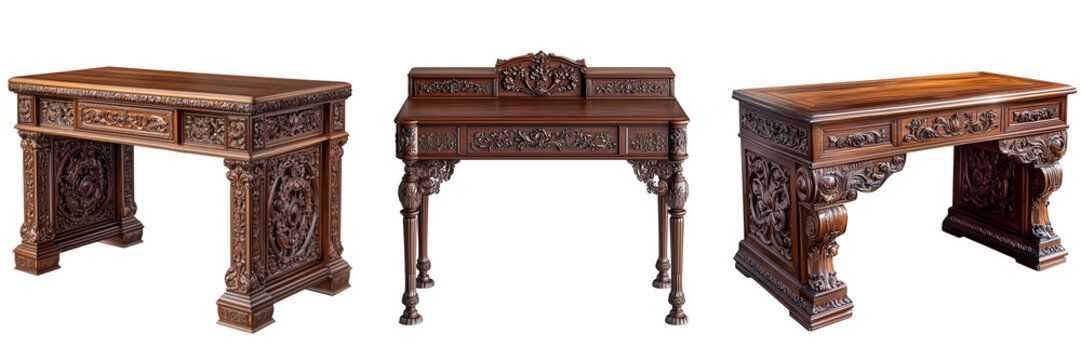 Set of Front view of a traditional Anglo-Indian small sideboard pedestal carved from padouk wood, highlighted against on pure on transparent png background. Ai generated
