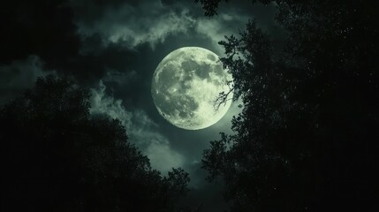 Full moon behind dark trees at night