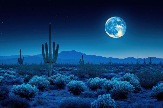 Full moon shining over desert landscape. - Powered by Adobe