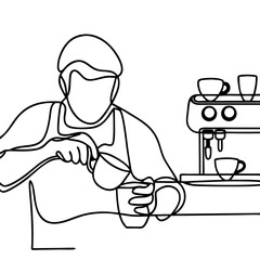 Barista making coffee using espresso machine. Skilled barista pours milk into coffee cup. Professional barista prepares delicious coffee drink for customer.