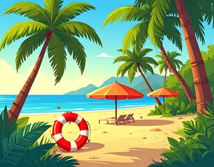 Tropical beach scene with palm trees