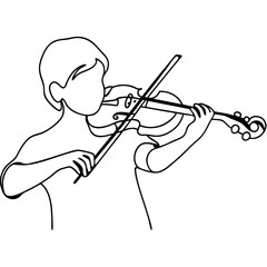 Obraz premium Child playing violin musical instrument. Young musician practicing violin skills. Line art illustration of child playing violin for music education materials.