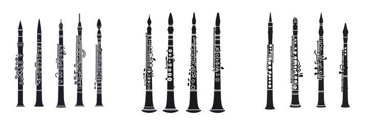 Set of Jazz flutist in studio setting, cut out on a pure white background, with superimposed vector graphics of trumpets and classical wind on transparent png background. Ai generated