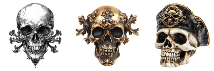 Set of High-resolution studio photo of a gold-colored skull with a classic black pirate hat and crossbones emblem, sitting on a wooden chest on pure on transparent png background. Ai generated