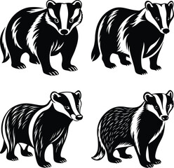 Black and white badger Hand drawn vector badgers and plants on white

