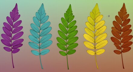 Obraz premium Colorful Leaves Illustration: Gradient Ferns in Rainbow Colors - Nature, Design, and Autumn Concepts