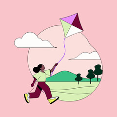 Happy child flying kite outdoors in park. Child runs happily with colorful kite string in hand.  Joyful child and kite scene perfect for children's books, greeting cards,