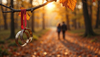 Wedding rings hang from a branch, symbolizing love in a golden autumn forest with a couple walking in the background, copy space for text