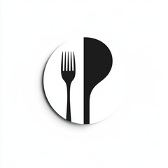 A circular emblem; black fork and spoon