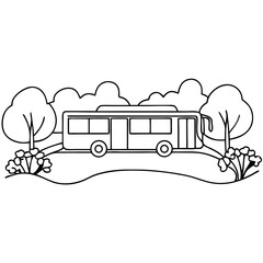 Eco-friendly electric bus in lush green landscape.  Electric bus surrounded by nature provides sustainable transportation.