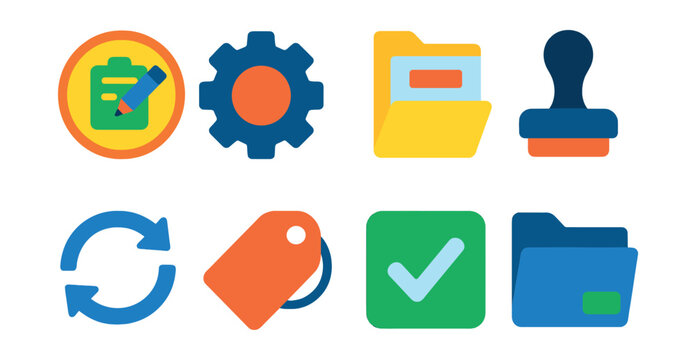 Flat vector icons of workflow stages: planning stage badge, in progress gear, review file folder, approval stamp, revision loop icon, finalization tag, completed task icon, archived folder.