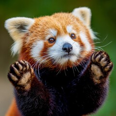 red panda holding up paws as if to measure something soft light background high detail