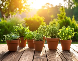 Fresh herbs in terracotta pots