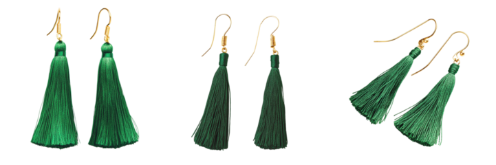 Set of Professional product image of silk thread tassel earrings in different colors on pure on transparent png background. Ai generated