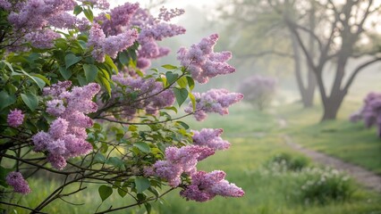 Flores de lila floreciendo en un prado brumoso durante la primavera