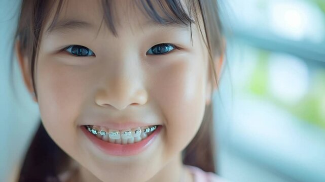 Portrait of a happy smile of a little asian girl with healthy white teeth with metal braces. Pediatric dentistry concept