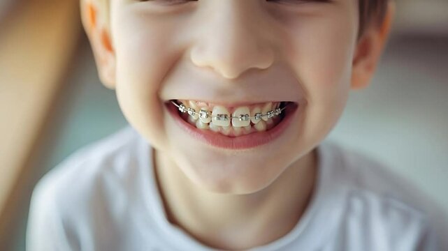 Close-up of a happy smile of a little boy with healthy white teeth with metal braces. Pediatric dentistry concept