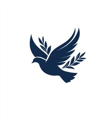 Obraz premium Dark blue silhouette of a dove in flight, with olive branches