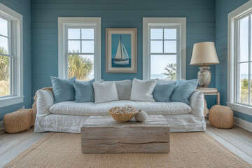 Fototapeta premium White furniture in a living room with blue walls.