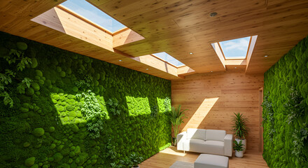 “Modern interior with green moss wall, natural wood panel ceiling, and skylights allowing dappled sunlight through.”