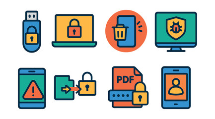 Flat vector icons of file and device protection: locked USB drive, encrypted laptop icon, remote wipe phone badge, anti-virus software screen, device security alert, secure file transfer icon,