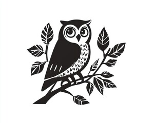 Black and white stylized owl perched on a branch with leaves