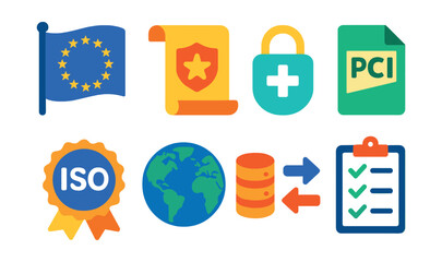 Flat vector icons of regulatory frameworks: GDPR flag icon, CCPA scroll, HIPAA compliance lock, PCI DSS file, ISO 27001 badge, global data regulation map, cross-border data flow icon, compliance