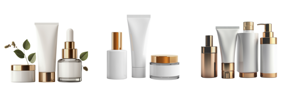 Set of Realistic 3D modeling of a serum dropper bottle with shiny glass and metallic details on pure on transparent png background. Ai generated