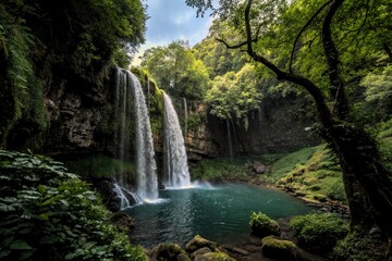 Obraz premium Lush Waterfall in a Vibrant Green Forest A Stunning Nature Photography
