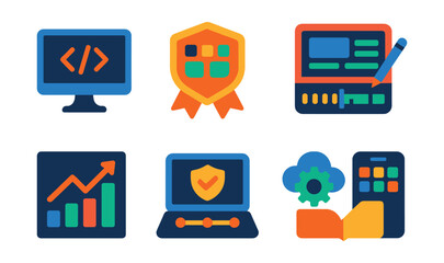 Flat vector icons of digital and tech training: coding bootcamp monitor, software skills badge, UI/UX design tablet, video editing timeline, digital marketing graph, online security quiz, cloud tools