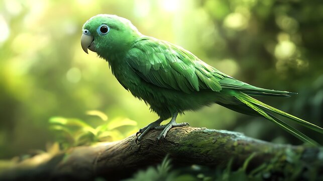 A vibrant green parrot perched on a branch amidst lush foliage in a serene natural setting