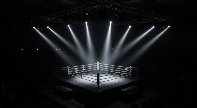 A dark boxing ring illuminated by bright overhead lights