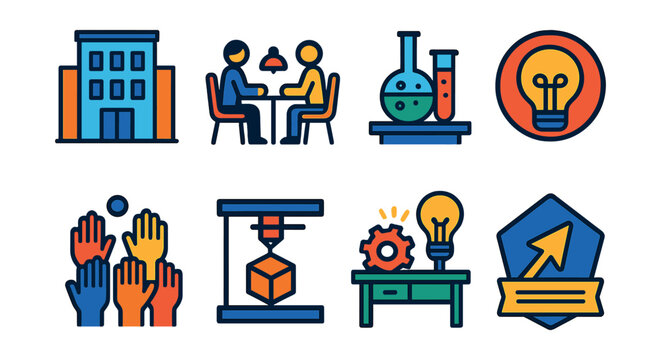 Flat vector icons of innovation infrastructure: tech incubator building, startup hub workspace, research lab icon, innovation center sign, co-creation platform, 3D printing facility, prototype