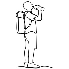 Obraz premium Hiker drinking water from bottle. Person with backpack quenches thirst during hike. Line art illustration perfect for travel blogs, outdoor apparel ads, and fitness websites.