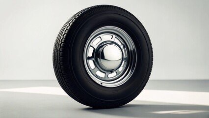 This striking image features "a perfectly maintained automobile tire and wheel assembly standing upright on a minimalist studio set