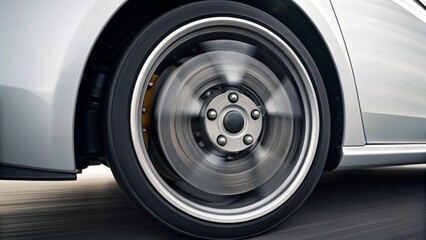 A dynamic close-up of a spinning car wheel with a silver rim and a fast-moving brake disc, conveying motion and speed from a low angle
