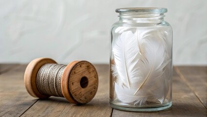 A clear glass jar, resembling a 'cracked mason jar' or similar, filled with delicate white 'down feathers', stands beside a vintage wooden spool of natural twine on a smooth grey background
