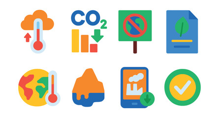 Flat vector icons of climate action and awareness: climate change thermometer, CO2 reduction chart, climate strike placard, sustainability report file, global temperature icon, ice melting symbol,