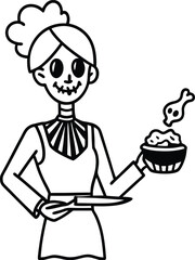 Monochrome Skeletons Cooking Together – Outline Vector