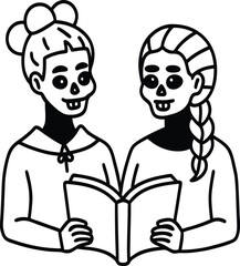 Gothic Book Lovers Skeleton Sisters Line Drawing

