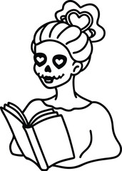 Messy Bun Skeleton Reading Romance Book Minimal Vector