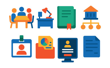 Flat vector icons of higher education administration: faculty meeting table, registrar office desk, academic policy folder, university governance chart, department chair badge, institutional research